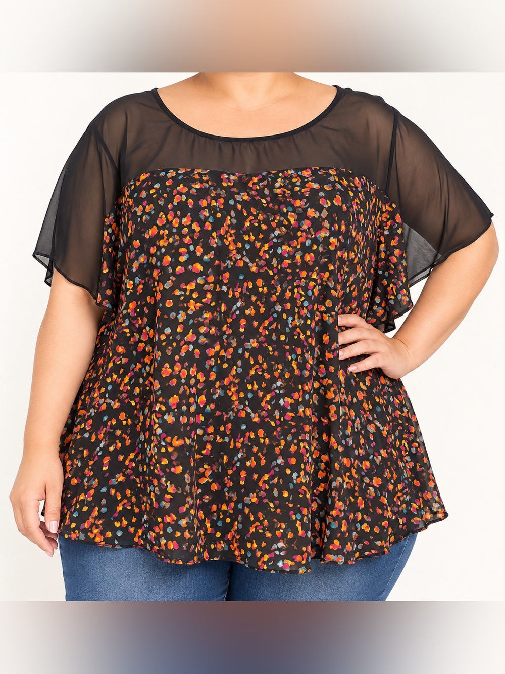 Ava & Viv Black Sheer Neckline & Sleeves Plus Size 4X Top Blouse